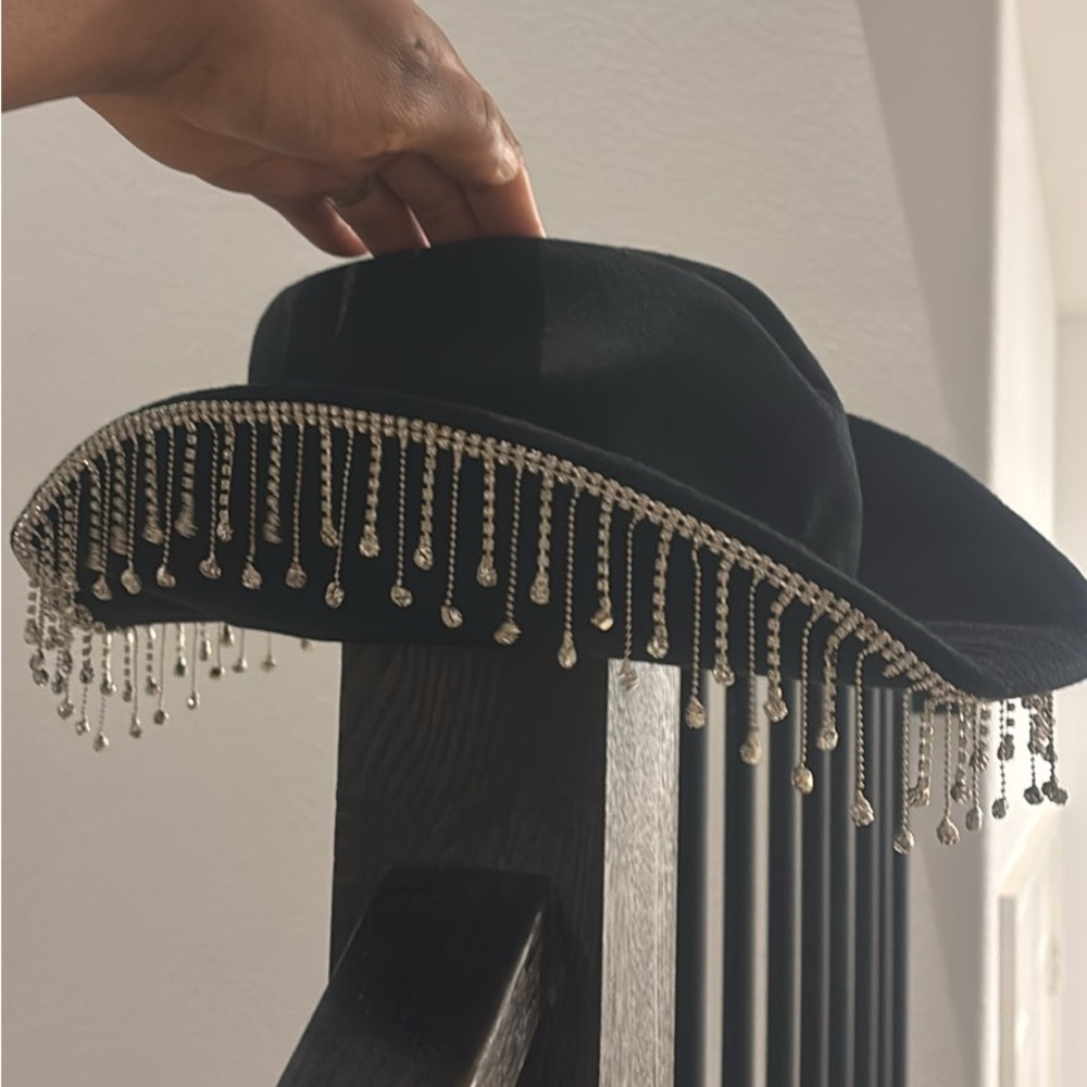 Elegant Black Hat with Silver Beaded Fringe